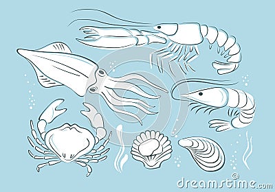 Seafood set. Prawns crab lobster shellfish shrimps. Outline vector sketch drawing Vector Illustration