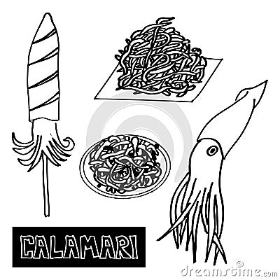 Seafood set of sea food squid. Squid-koreyskiy Vector Illustration
