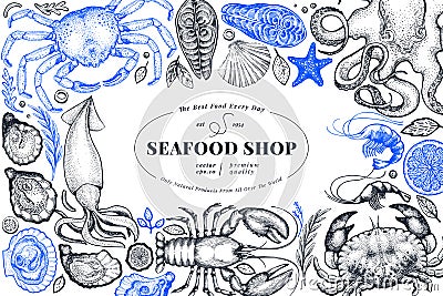 Seafood shop hand drawn vector banner template. Retro style Stock Photo