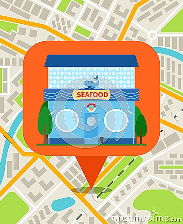 Seafood shop pin on map Vector Illustration