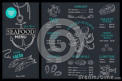 Seafood sketch menu. Doodle fish restaurant brochure, vintage cover with lobster crab salmon. Vector marine food poster Vector Illustration