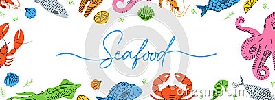 Seafood sketches in horizontal banner. Sea animal background. Vector illustration for seafood restaurant menu. Fishes Cartoon Illustration