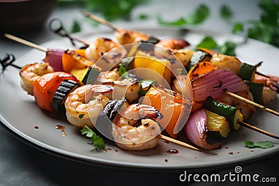 Seafood skewers with shrimps, mussels, squid and zucchini Stock Photo