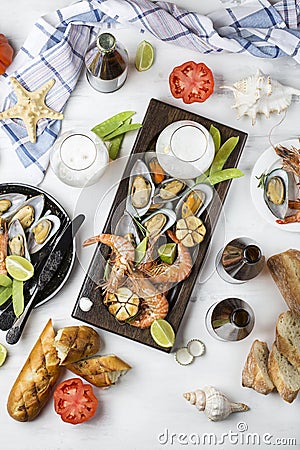 Seafood snacks: shrimp and mussels Stock Photo