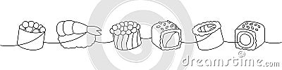 Seafood sushi rolls. Japanese cuisine, traditional food one line drawing. Ikura sushi, tobiko maki, shrimp nigiri Vector Illustration