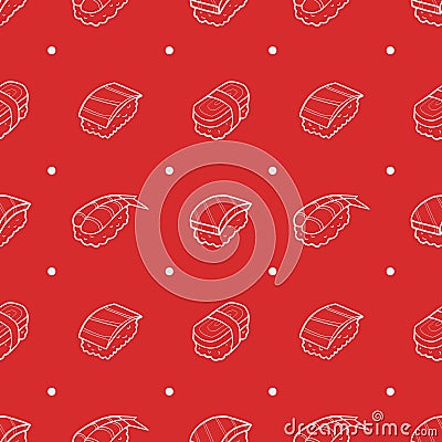 Seafood sushi traditional japanese food set seamless pattern on red background wallpaper in doodle style Vector Illustration