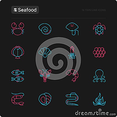 Seafood thin line icons set Vector Illustration