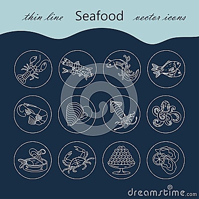 Seafood thin line vector icons set. Vector Illustration