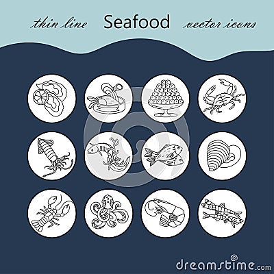 Seafood thin line vector icons set. Vector Illustration