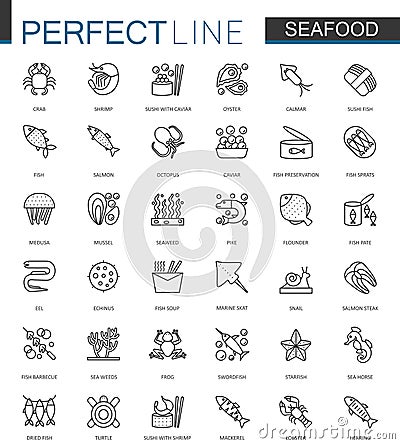 Seafood thin line web icons set. Fish food for restaurant menu outline stroke icons design. Vector Illustration