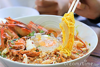 Seafood Tomyam Spicy Noodle Stock Photo