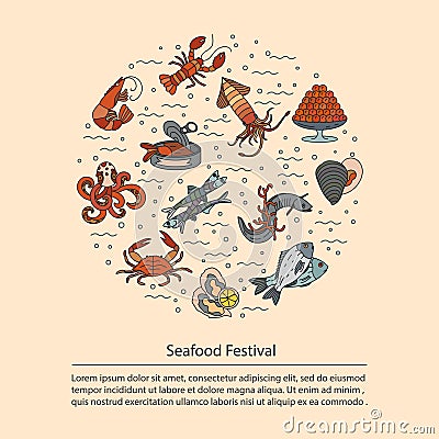 Seafood vector card with symbols of various delicacies Vector Illustration