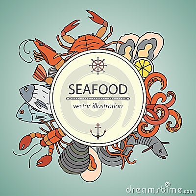 Seafood vector card with symbols of various delicacies. Vector Illustration