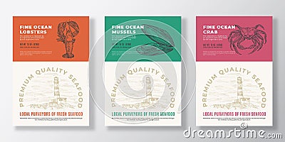 Seafood Vector Packaging Design or Label Templates Set. Ocean and Sea Products Banners. Modern Typography and Hand Drawn Vector Illustration