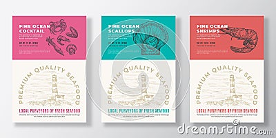 Seafood Vector Packaging Design or Label Templates Set. Ocean and Sea Products Banners. Modern Typography and Hand Drawn Vector Illustration