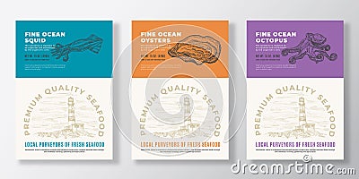 Seafood Vector Packaging Design or Label Templates Set. Ocean and Sea Products Banners. Modern Typography and Hand Drawn Vector Illustration