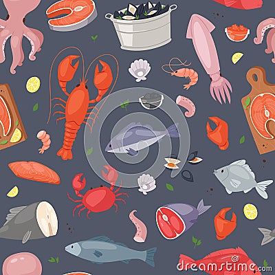 Seafood vector sea fish shellfish and lobster on fishmarket illustration fishery set of salmon prawn for ocean gourmet Vector Illustration