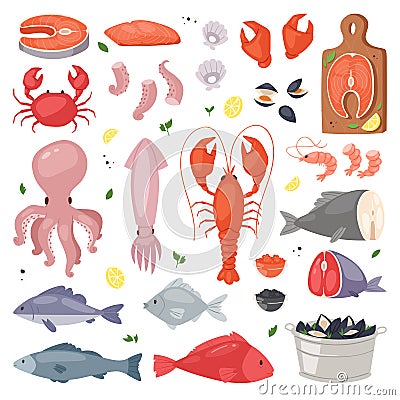 Seafood vector sea fish shellfish and lobster on fishmarket illustration fishery set of salmon prawn for ocean gourmet Vector Illustration