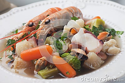Seafood and vegetable soup Stock Photo