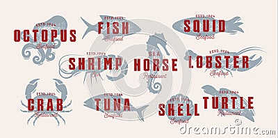 Seafood vintage logo set. Sea creatures, fishing or restaurant emblems. Retro style logo template. Modern emblem idea Vector Illustration