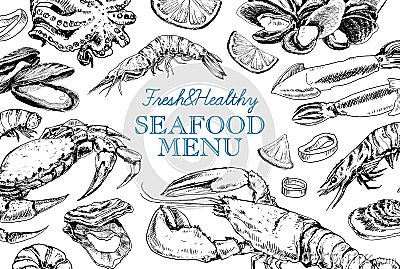 Seafood vintage menu in sketch style Vector Illustration