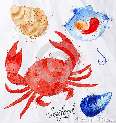 Seafood watercolor crab, clams, mussels, oysters Vector Illustration