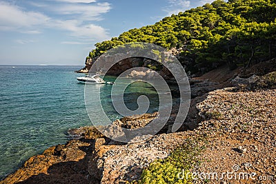 Seafront and the beach near town of Scala, Agistri Island, Gre Stock Photo