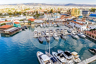 Seafront cafes and restaurants in Limassol marina, aerial view Stock Photo