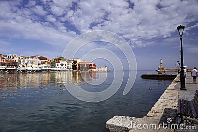 The seafront and lighthouse of old town of Chania Editorial Stock Photo