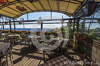 Seafront restaurant with terrace and great views Stock Photo