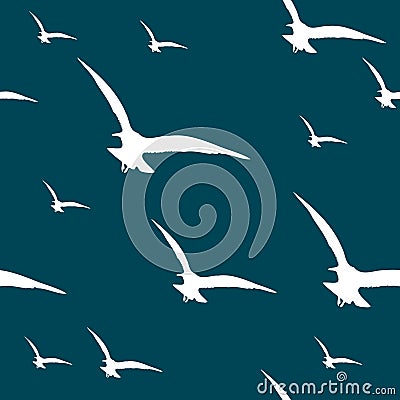 Flying seagulls silhouettes over deep blue background. Vector Illustration