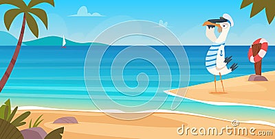 Seagull on beach. Bird sailor on seaside standing flying near sand coast ocean landscape blue water and sky exact vector Vector Illustration