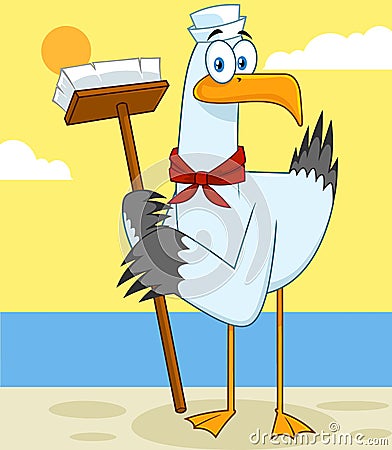 Seagull Bird Sailor Cartoon Character With Cleaning Brush Vector Illustration