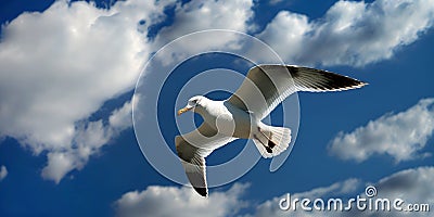 Seagull bird soaring in clear blue sky. Seagull among summer bright sunny sky sunny weather. Free flight white clouds Stock Photo