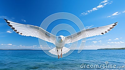 Seagull soars against blue coastal sky in flight.AI Generated Stock Photo
