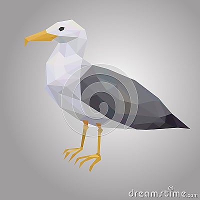 Seagull low poly. Low polygonal seabird. Animal with white hull and black wings Vector illustration Cartoon Illustration