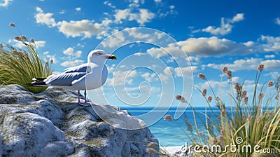 Seagull Resting On Rock: Realistic Daz3d Rendering With Blue Skies Stock Photo
