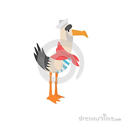 Seagull Sailor, Funny Bird Cartoon Character in Red Neckerchief Vector Illustration Vector Illustration