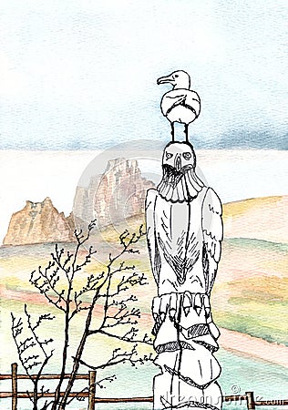 Seagull sits on the head of a wooden eagle against the backdrop of lake Baikal and the Shamanka cliffs on Olkhon island, graphic Cartoon Illustration