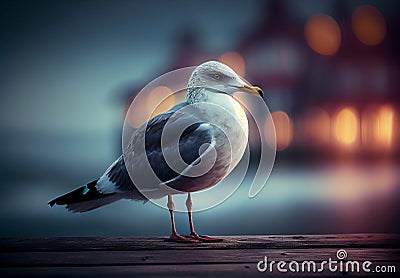 seagull sits on a pier by the sea. Stock Photo