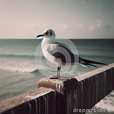 Seagull sits of a seafront fencing Stock Photo