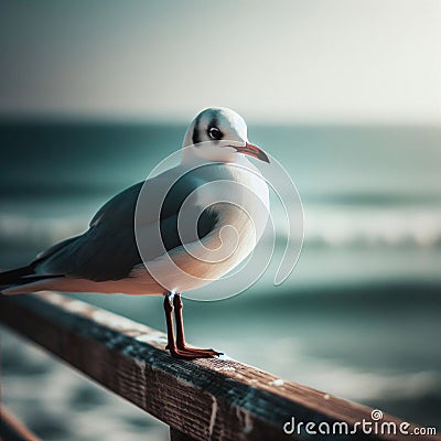 Seagull sits of a seafront fencing Stock Photo