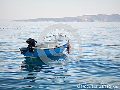 Seagull sitting on a small motorboat in the Adriatic Sea Editorial Stock Photo