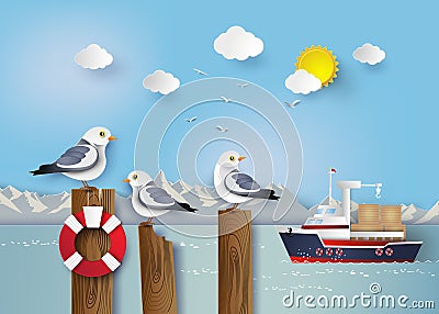 Seagull standing on a wooden post Vector Illustration