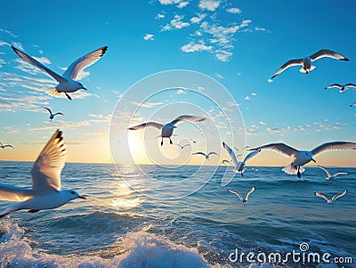 Seagulls Flying at Beach Cartoon Illustration