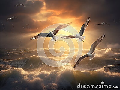 Seagulls flying after heavy Rainstorm over Ocean. Some sunbeams coming through clouds and lighten seagulls. Cartoon Illustration