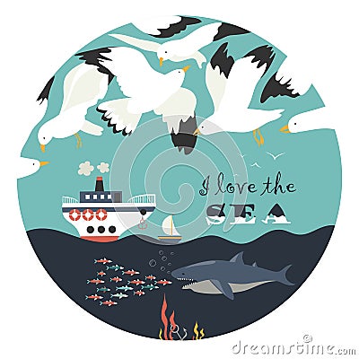 Seagulls flying over the sea Vector Illustration