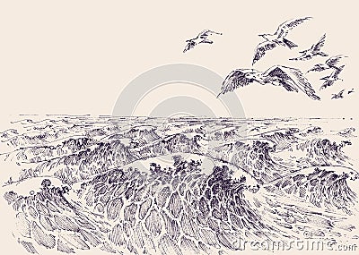 Seagulls flying over sea waves Vector Illustration