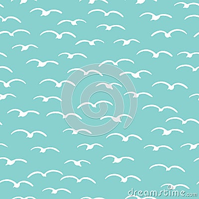 Cute seagulls flying in summer sky. Marine animal bird seamless vector background. Hand drawn sealife tile. All over Vector Illustration