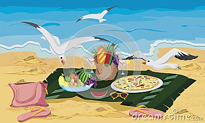 Seagulls are trying to steal food Vector Illustration